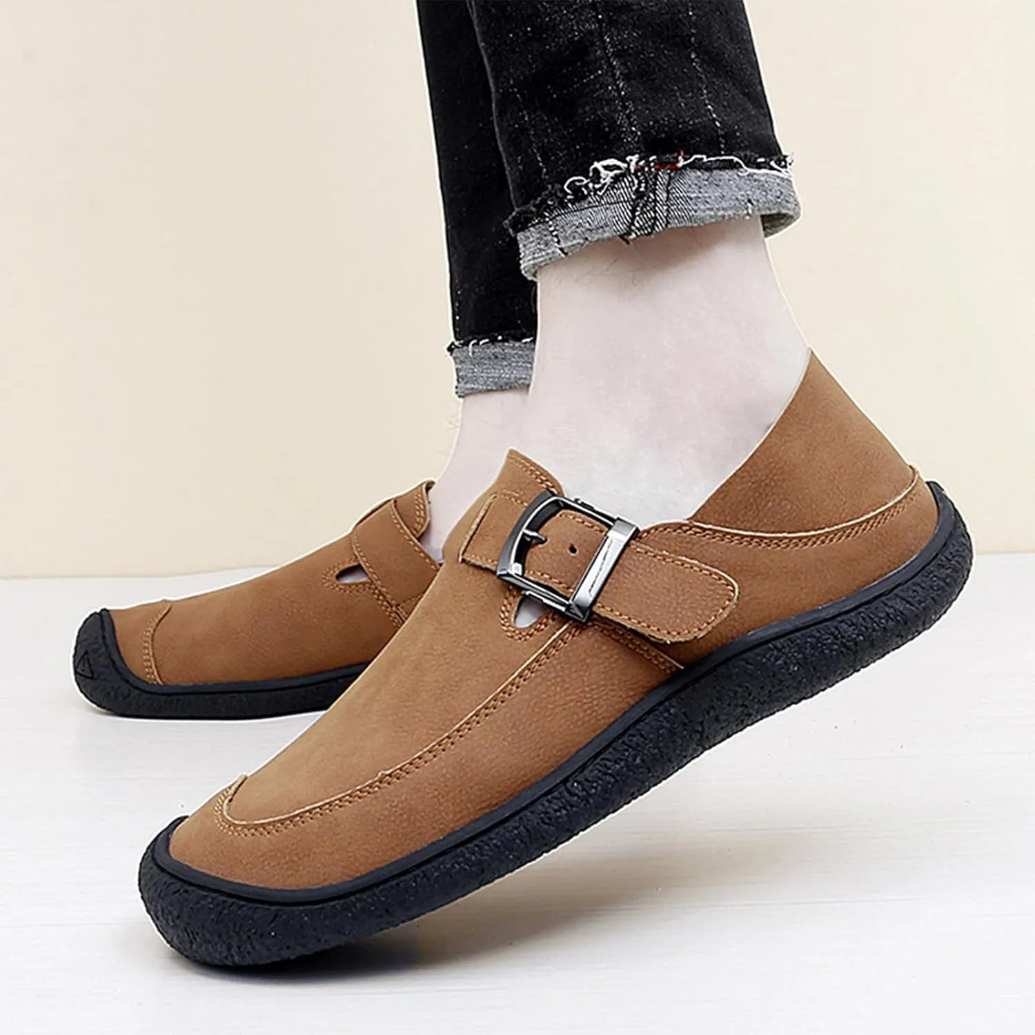 Men's Genuine Leather Monk Buckle Flat Driving Loafers Classic Round Toe Hand-Sewn Soft Sole Non-Slip Wear-Resistant Lightweight Casual Shoes Daily Work Shoes