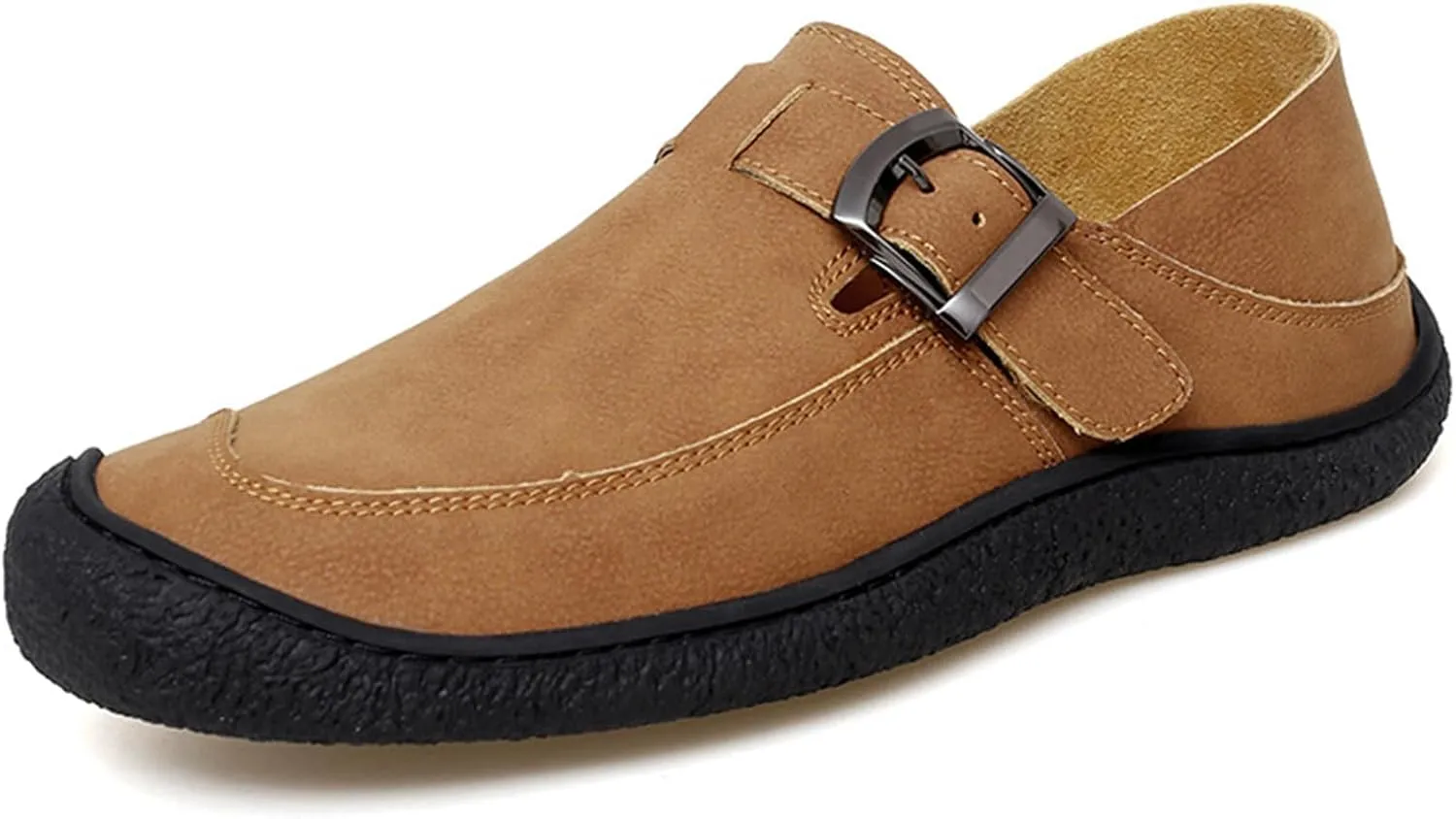 Men's Genuine Leather Monk Buckle Flat Driving Loafers Classic Round Toe Hand-Sewn Soft Sole Non-Slip Wear-Resistant Lightweight Casual Shoes Daily Work Shoes