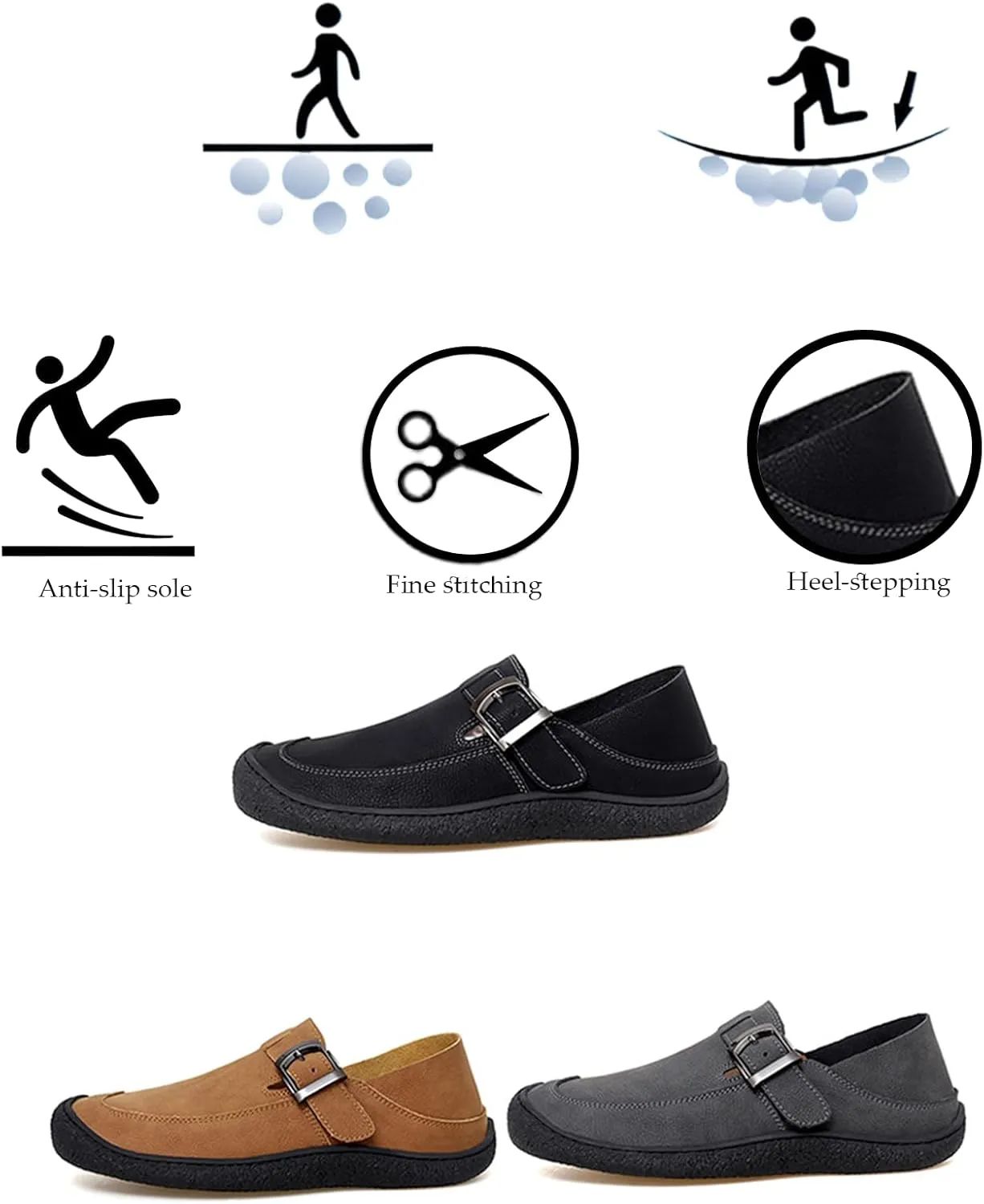 Men's Genuine Leather Monk Buckle Flat Driving Loafers Classic Round Toe Hand-Sewn Soft Sole Non-Slip Wear-Resistant Lightweight Casual Shoes Daily Work Shoes