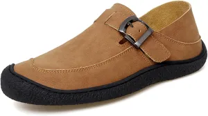 Men's Genuine Leather Monk Buckle Flat Driving Loafers Classic Round Toe Hand-Sewn Soft Sole Non-Slip Wear-Resistant Lightweight Casual Shoes Daily Work Shoes