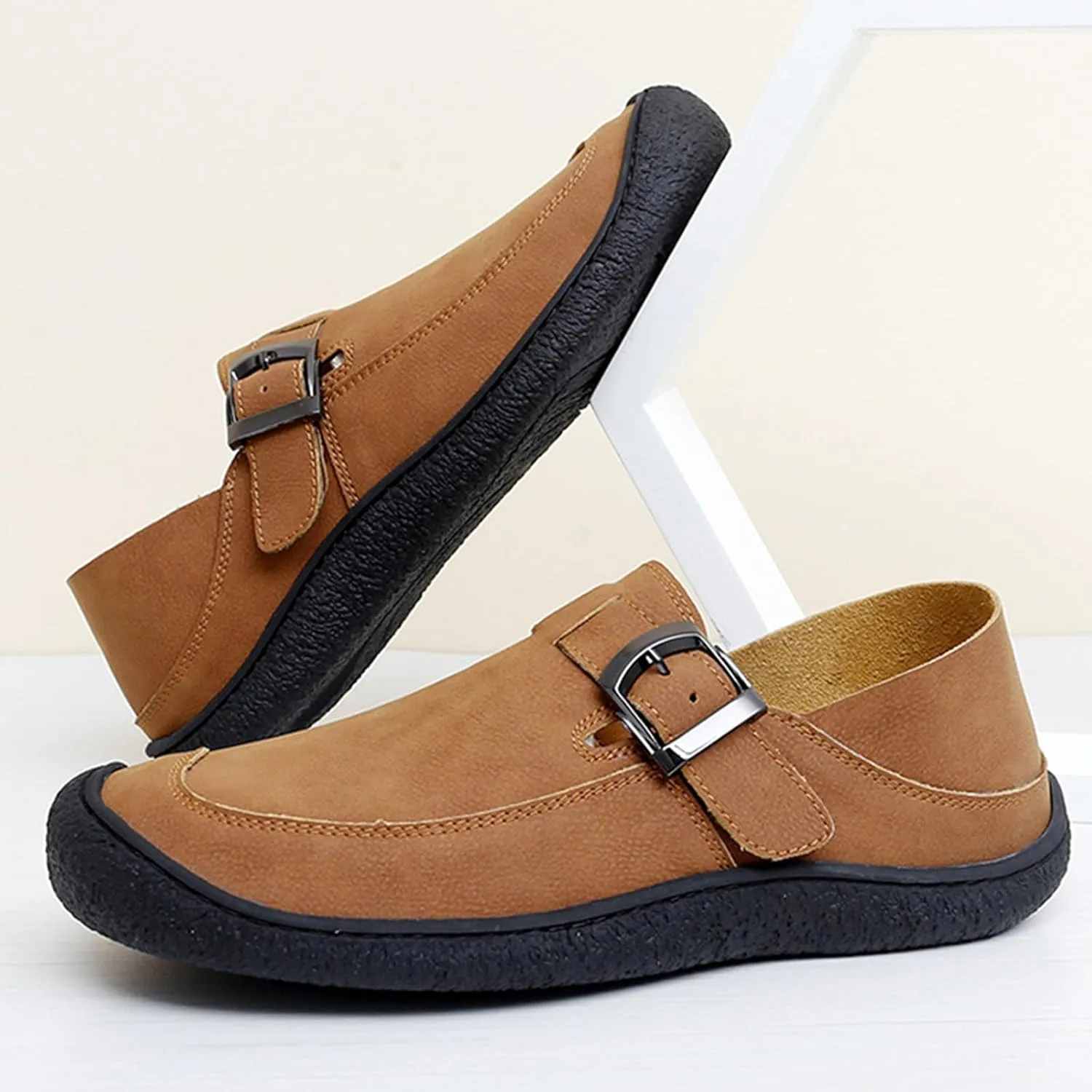 Men's Genuine Leather Monk Buckle Flat Driving Loafers Classic Round Toe Hand-Sewn Soft Sole Non-Slip Wear-Resistant Lightweight Casual Shoes Daily Work Shoes