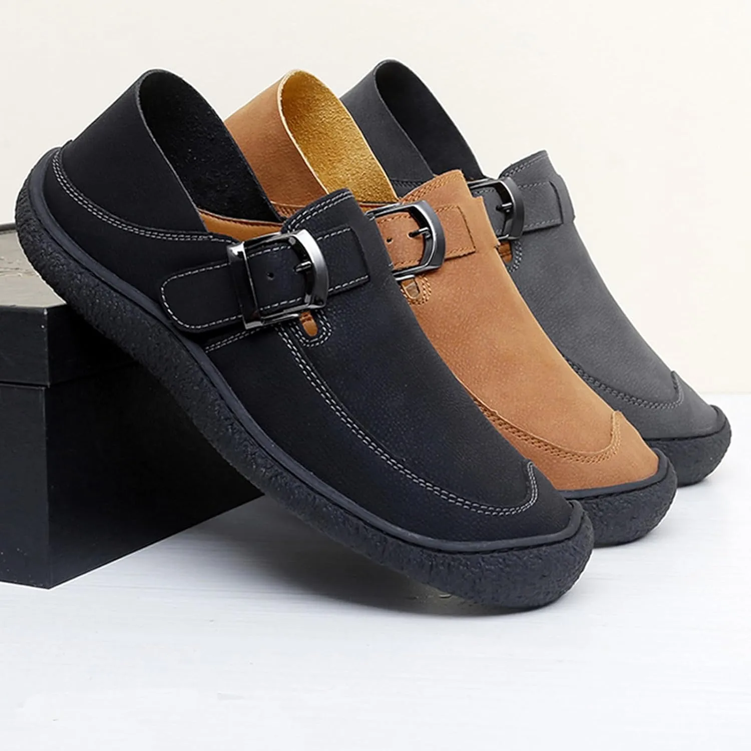 Men's Genuine Leather Monk Buckle Flat Driving Loafers Classic Round Toe Hand-Sewn Soft Sole Non-Slip Wear-Resistant Lightweight Casual Shoes Daily Work Shoes