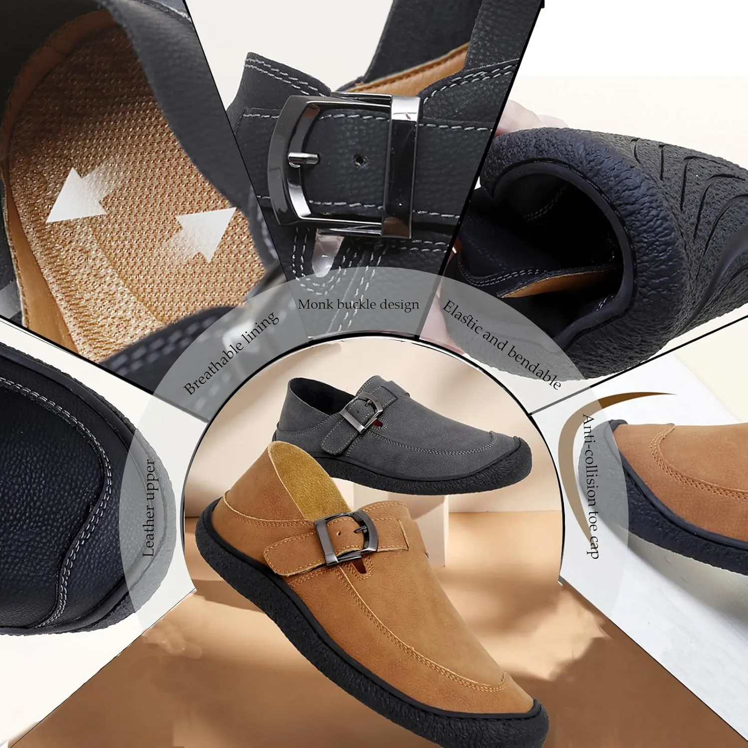 Men's Genuine Leather Monk Buckle Flat Driving Loafers Classic Round Toe Hand-Sewn Soft Sole Non-Slip Wear-Resistant Lightweight Casual Shoes Daily Work Shoes