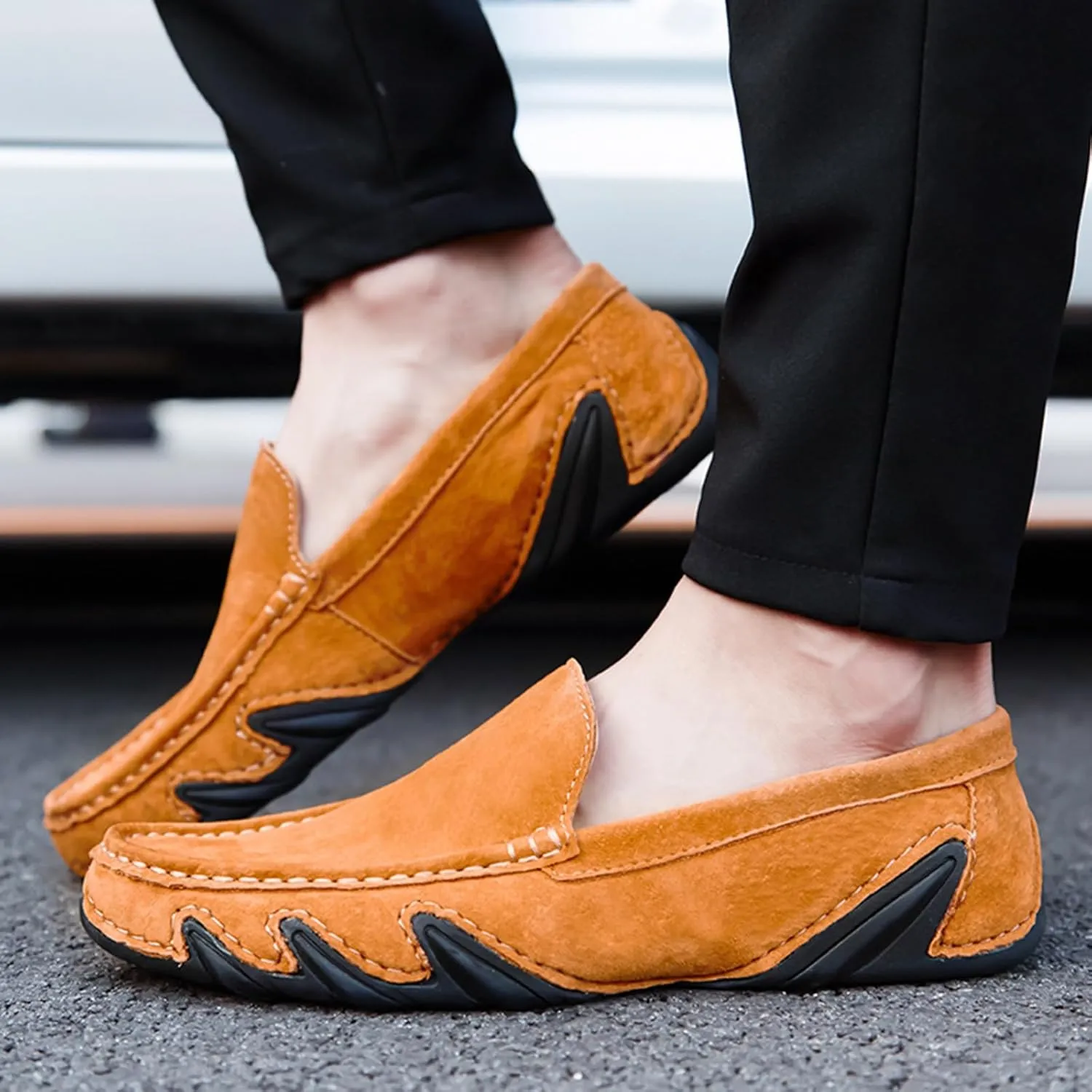 Men'S Handmade Suede Penny Loafer Shoes,Non Slip Soft Sole Slip-On Moccasin Casual Shoes,Comfortable Business Work Walking Driving Shoes