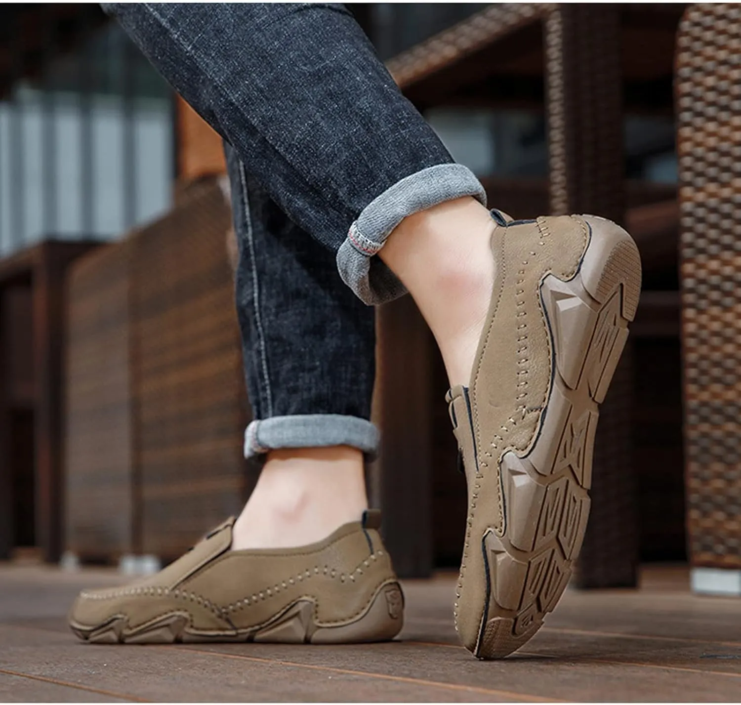 Men's Leather Hand Stitched Slip On Comfort Loafers,Lightweight Rubber Soft Sole Outdoor Fashion Low Top Ankle Flats Driving Walking Work Shoes
