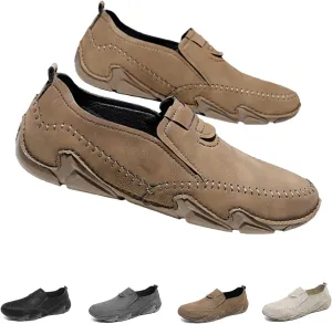 Men's Leather Hand Stitched Slip On Comfort Loafers,Lightweight Rubber Soft Sole Outdoor Fashion Low Top Ankle Flats Driving Walking Work Shoes