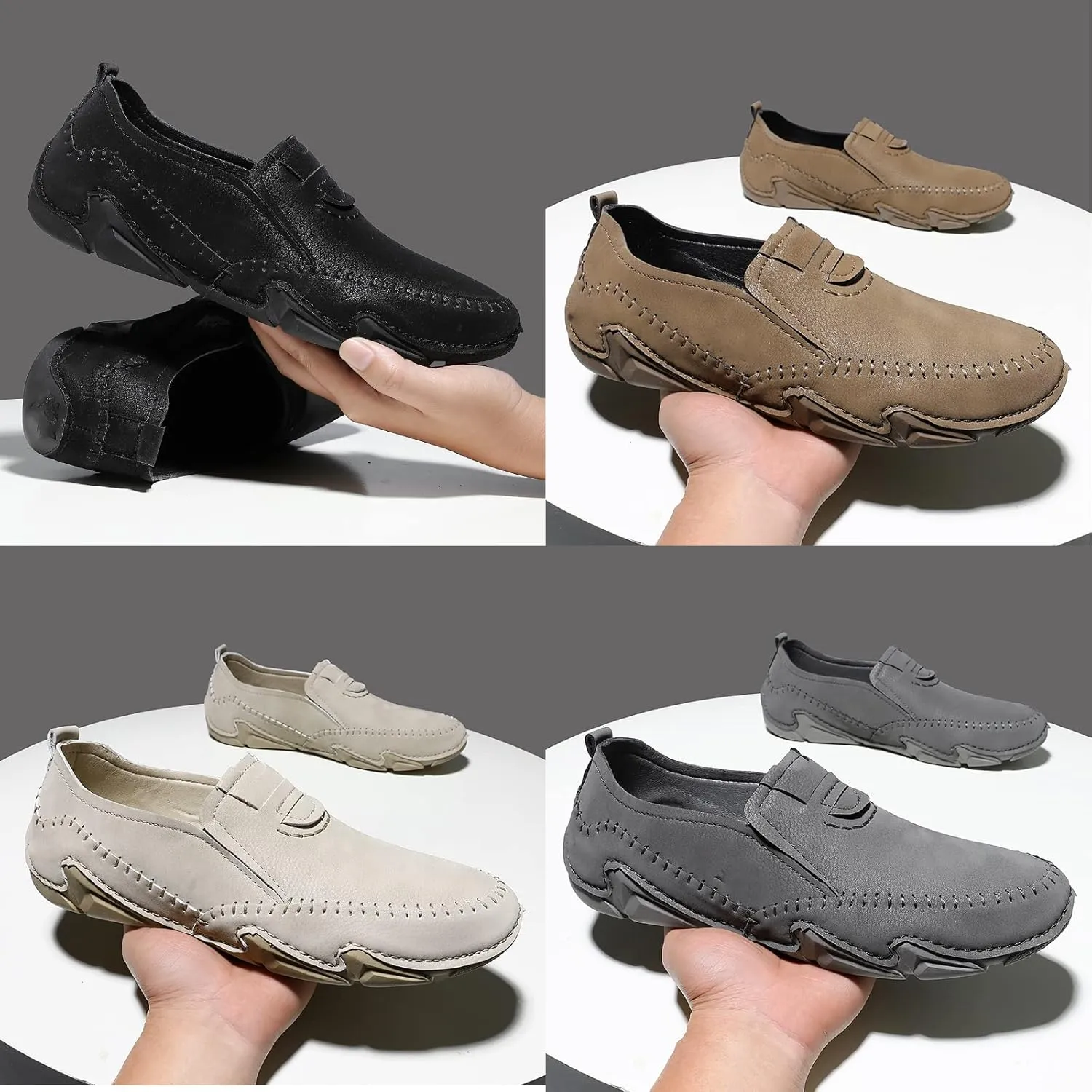 Men's Leather Hand Stitched Slip On Comfort Loafers,Lightweight Rubber Soft Sole Outdoor Fashion Low Top Ankle Flats Driving Walking Work Shoes