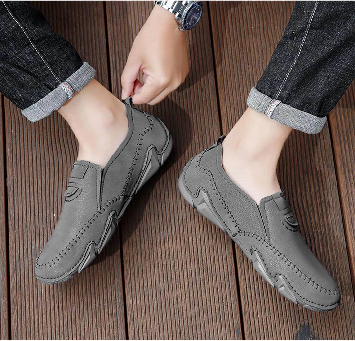 Men's Leather Hand Stitched Slip On Comfort Loafers,Lightweight Rubber Soft Sole Outdoor Fashion Low Top Ankle Flats Driving Walking Work Shoes