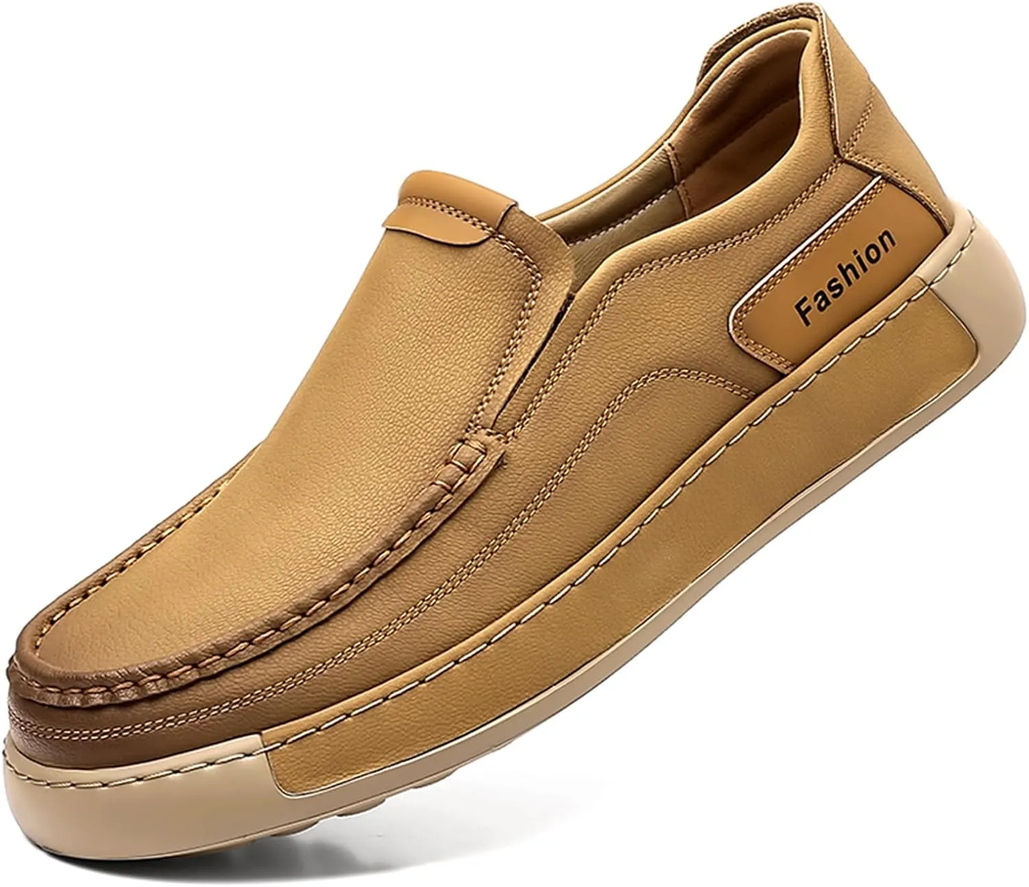 Men's Leather Slip On Casual Loafers Hand Stitched Lightweight Anti-Slip Soft Sole Moccasins Comfortable Driving Walking Shoes for Work Travel