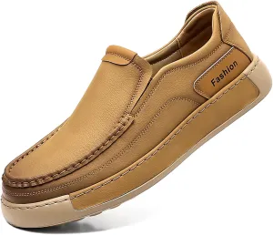 Men's Leather Slip On Casual Loafers Hand Stitched Lightweight Anti-Slip Soft Sole Moccasins Comfortable Driving Walking Shoes for Work Travel