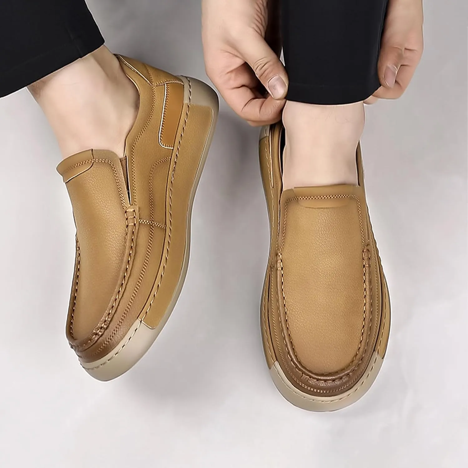 Men's Leather Slip On Casual Loafers Hand Stitched Lightweight Anti-Slip Soft Sole Moccasins Comfortable Driving Walking Shoes for Work Travel