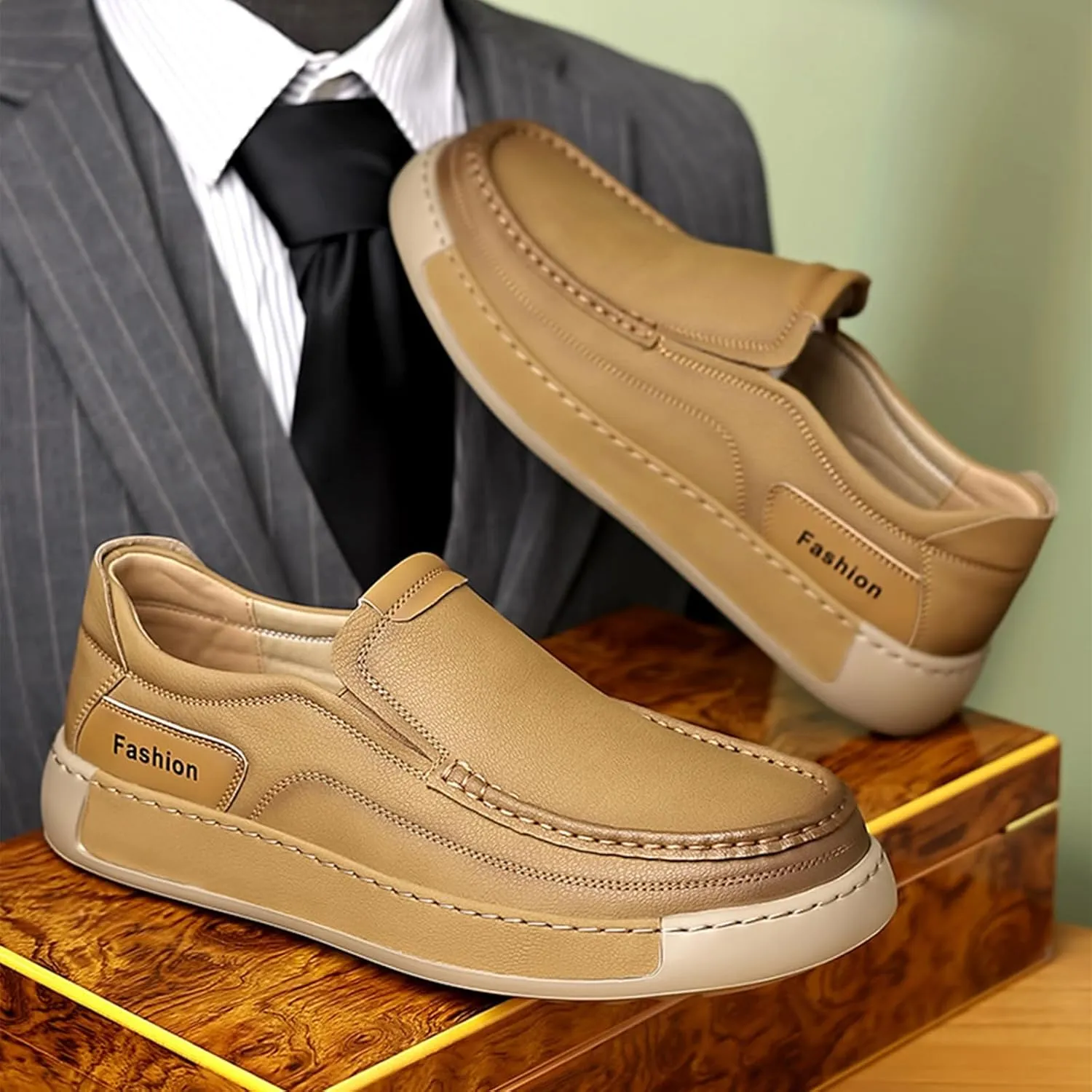 Men's Leather Slip On Casual Loafers Hand Stitched Lightweight Anti-Slip Soft Sole Moccasins Comfortable Driving Walking Shoes for Work Travel
