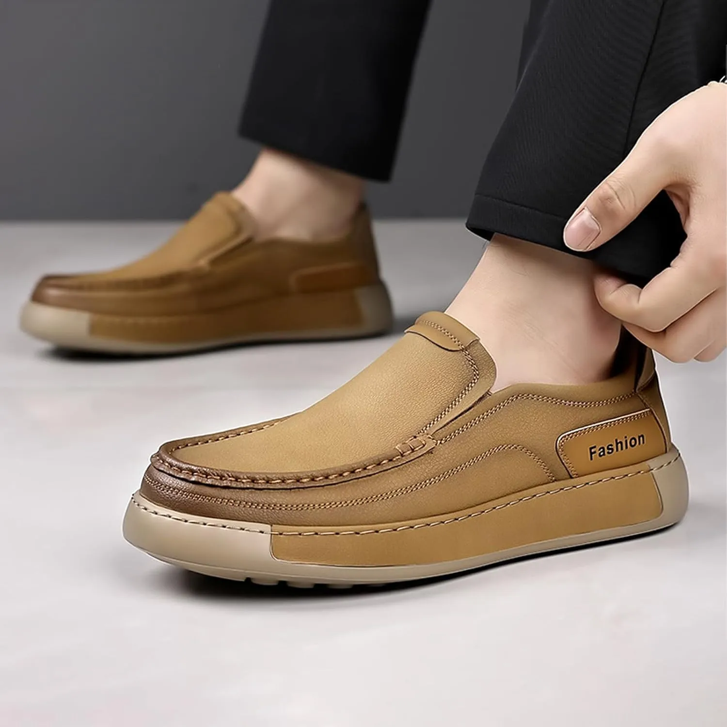 Men's Leather Slip On Casual Loafers Hand Stitched Lightweight Anti-Slip Soft Sole Moccasins Comfortable Driving Walking Shoes for Work Travel