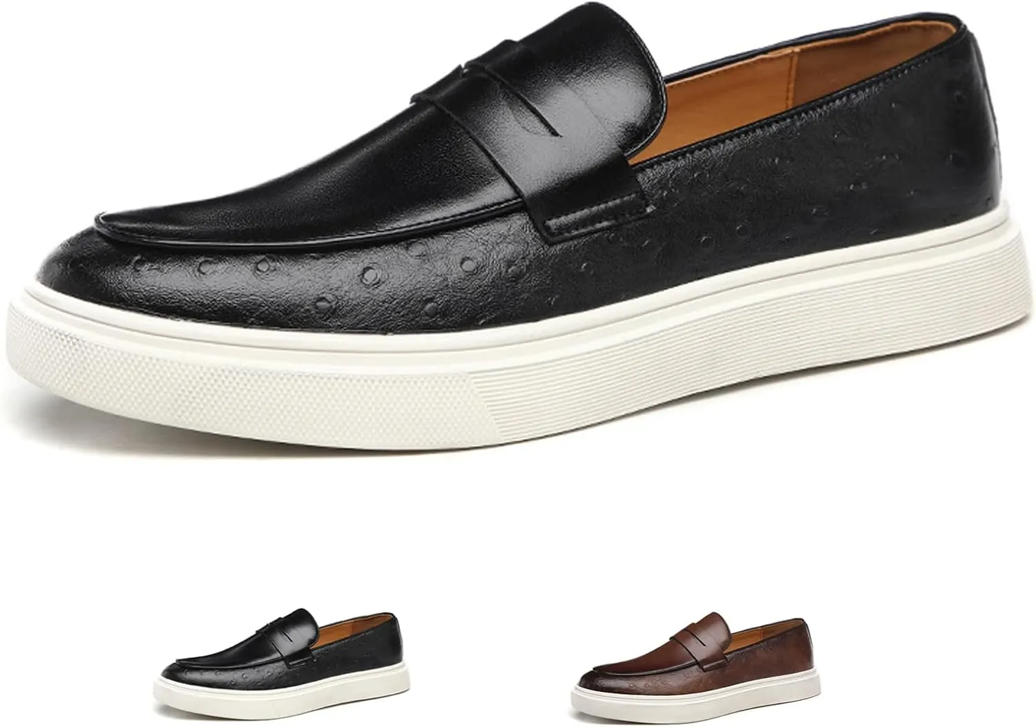 Men's Leather Slip-on Flat Loafers,Fashion Breathable Low Top Comfortable Soft Sole Non-Slip Business Formal Loafers Retro Casual Wedding Party Driving Penny Shoes