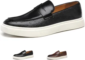 Men's Leather Slip-on Flat Loafers,Fashion Breathable Low Top Comfortable Soft Sole Non-Slip Business Formal Loafers Retro Casual Wedding Party Driving Penny Shoes