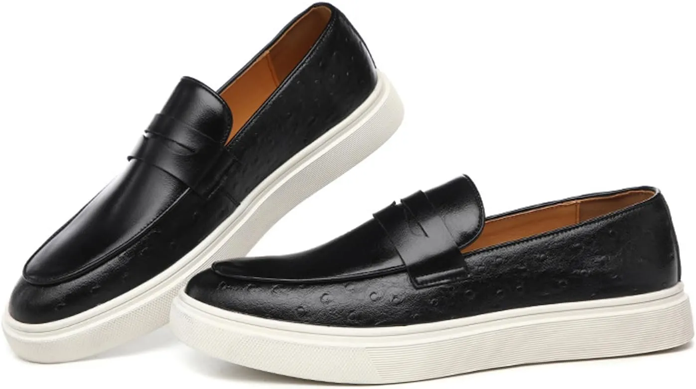 Men's Leather Slip-on Flat Loafers,Fashion Breathable Low Top Comfortable Soft Sole Non-Slip Business Formal Loafers Retro Casual Wedding Party Driving Penny Shoes