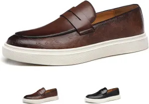 Men's Leather Slip-on Flat Loafers,Fashion Breathable Low Top Comfortable Soft Sole Non-Slip Business Formal Loafers Retro Casual Wedding Party Driving Penny Shoes