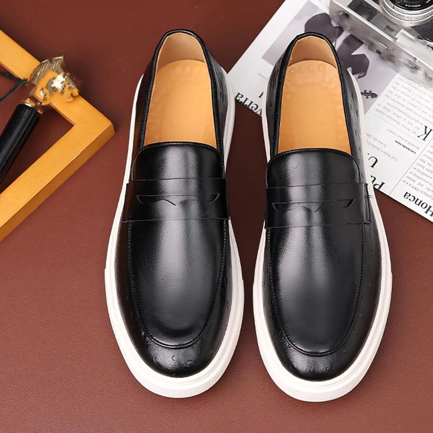 Men's Leather Slip-on Flat Loafers,Fashion Breathable Low Top Comfortable Soft Sole Non-Slip Business Formal Loafers Retro Casual Wedding Party Driving Penny Shoes