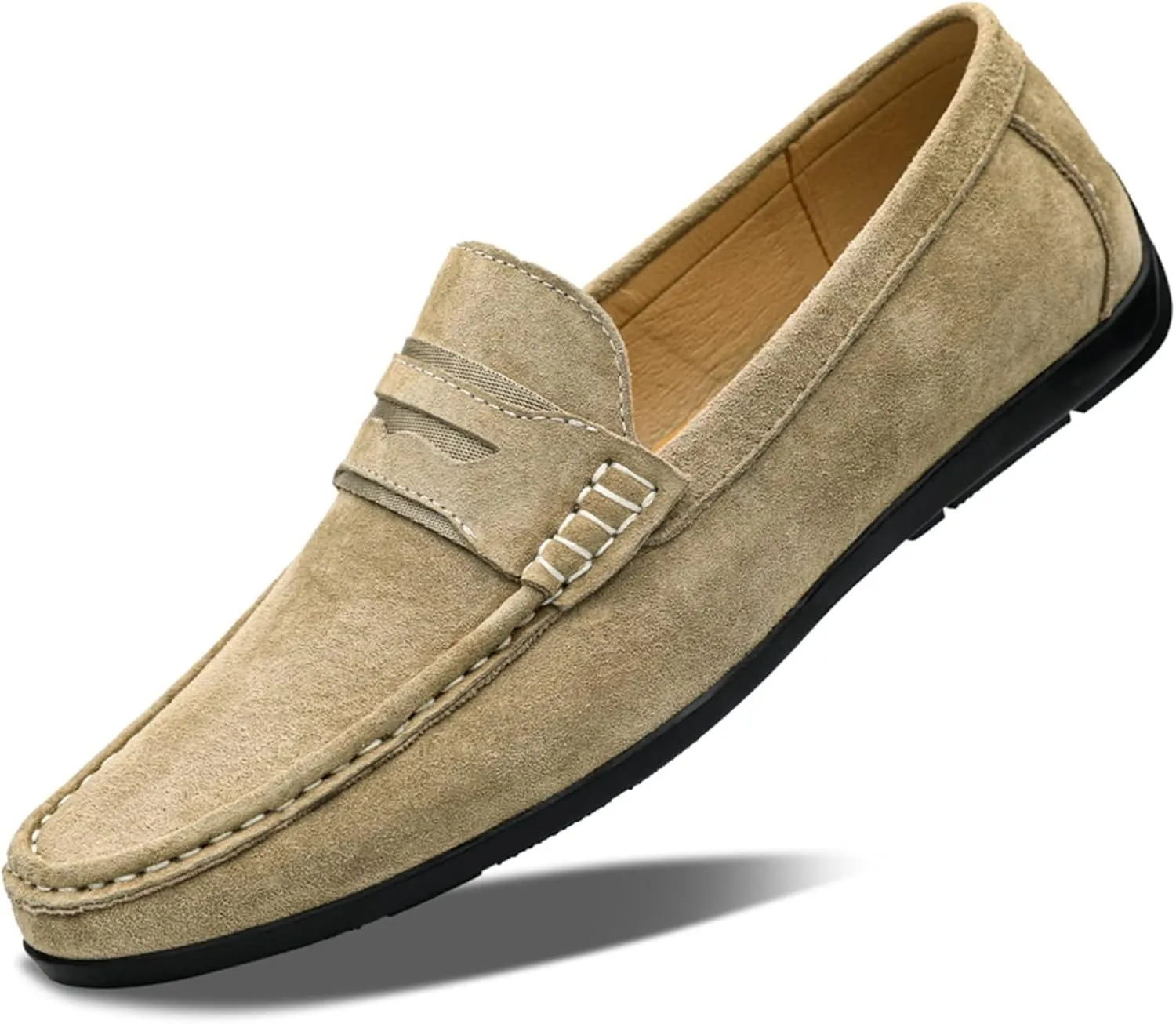 Mens Loafers Genuine Leather Penny Loafer Suede Vamp Stitching Details Round Toe Lightweight Flexible Anti-Slip Walking Slip-on