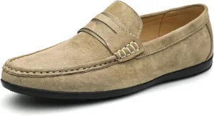 Mens Loafers Genuine Leather Penny Loafer Suede Vamp Stitching Details Round Toe Lightweight Flexible Anti-Slip Walking Slip-on