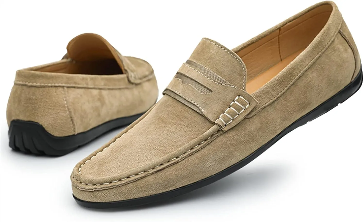 Mens Loafers Genuine Leather Penny Loafer Suede Vamp Stitching Details Round Toe Lightweight Flexible Anti-Slip Walking Slip-on