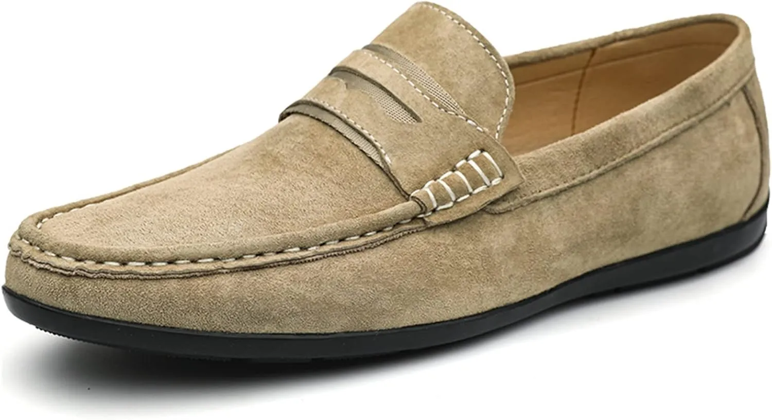 Mens Loafers Genuine Leather Penny Loafer Suede Vamp Stitching Details Round Toe Lightweight Flexible Anti-Slip Walking Slip-on