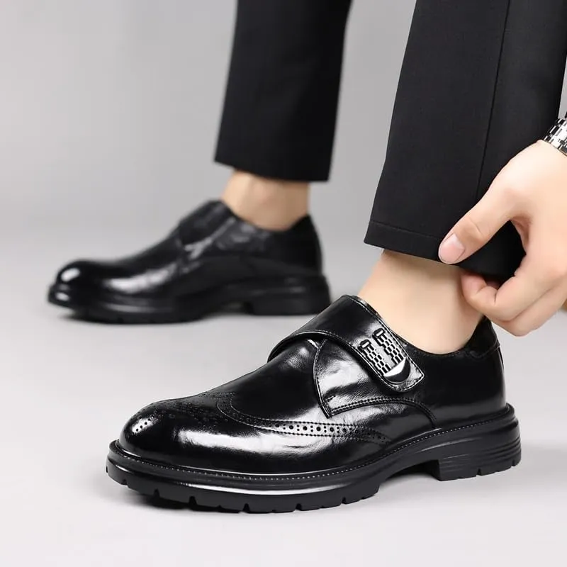 Men's Low Top Leather Brogue Shoes, Luxury Slip-On Platform Dress Shoes, Comfortable Business Casual Footwear, Men's Gifts