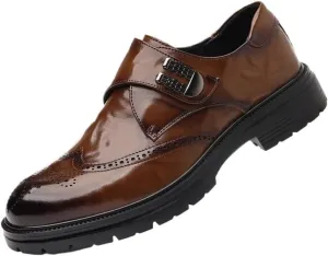 Men's Low Top Leather Brogue Shoes, Luxury Slip-On Platform Dress Shoes, Comfortable Business Casual Footwear, Men's Gifts