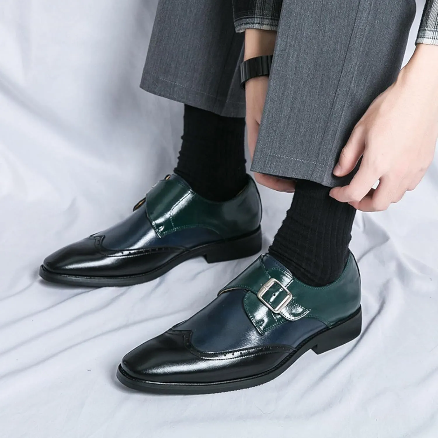 Men's Patchwork Leather Slip-On Brogues Oxford Shoes Fashion Wingtips Two Tone Monk Strap Chunky Heel Business Dress Loafer Round-Toe Lace up Low Top Formal Work Shoes