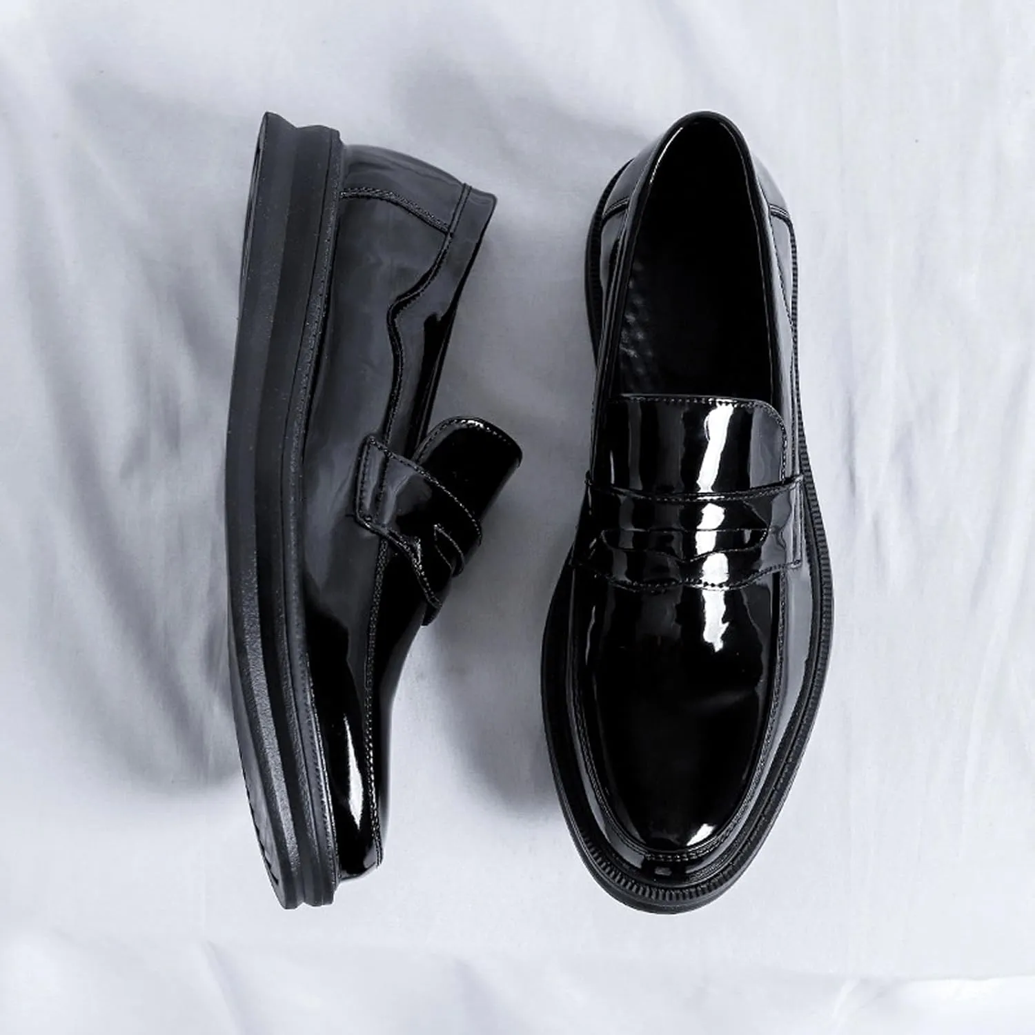 Men's Patent Leather Platform Slip-on Penny Loafers Round Toe Fashion Low Top Comfortable Dress Shoes Soft Sole Business Formal Shoes for Wedding Party Driving