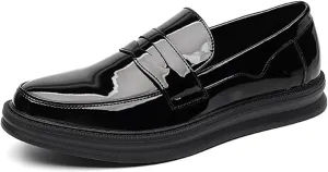 Men's Patent Leather Platform Slip-on Penny Loafers Round Toe Fashion Low Top Comfortable Dress Shoes Soft Sole Business Formal Shoes for Wedding Party Driving