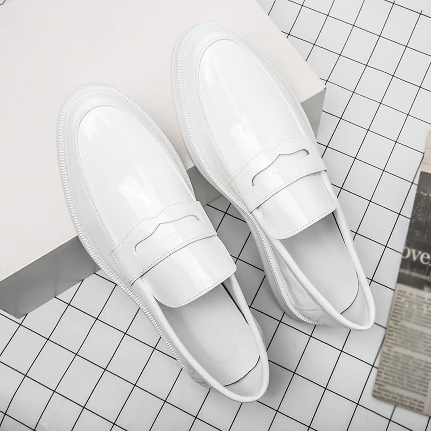 Men's Patent Leather Platform Slip-on Penny Loafers,Fashion Low Top Comfortable Soft Sole Non-Slip Business Formal Shoes Wedding Party Driving Shoes