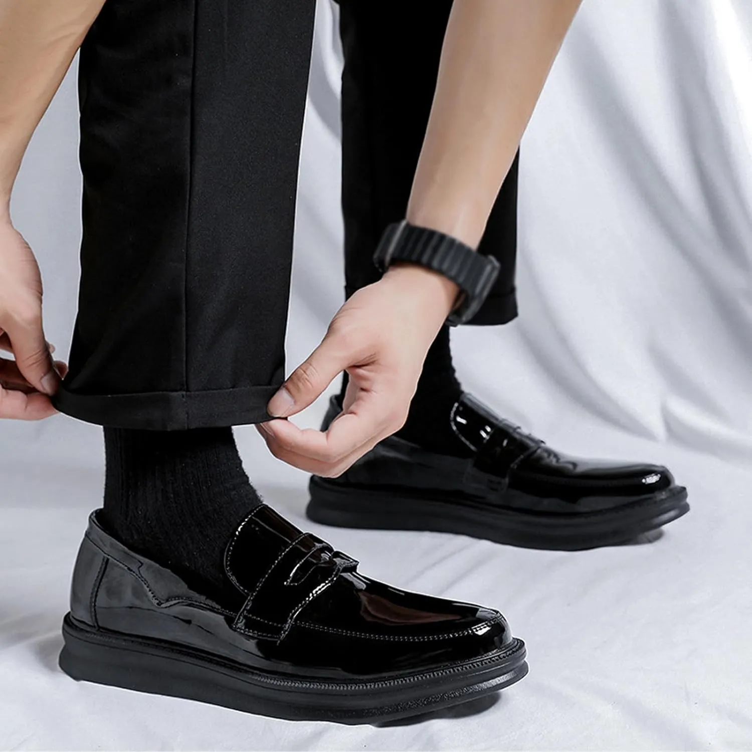 Men's Patent Leather Platform Slip-on Penny Loafers,Fashion Low Top Comfortable Soft Sole Non-Slip Business Formal Shoes Wedding Party Driving Shoes