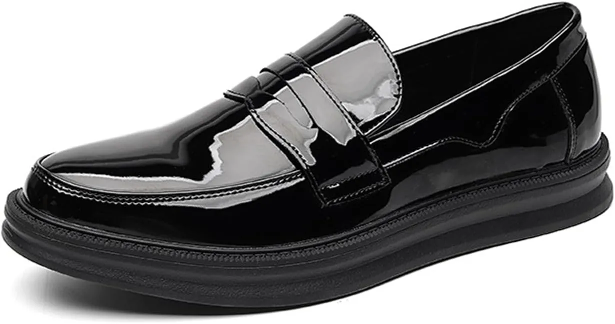 Men's Patent Leather Platform Slip-on Penny Loafers,Fashion Low Top Comfortable Soft Sole Non-Slip Business Formal Shoes Wedding Party Driving Shoes