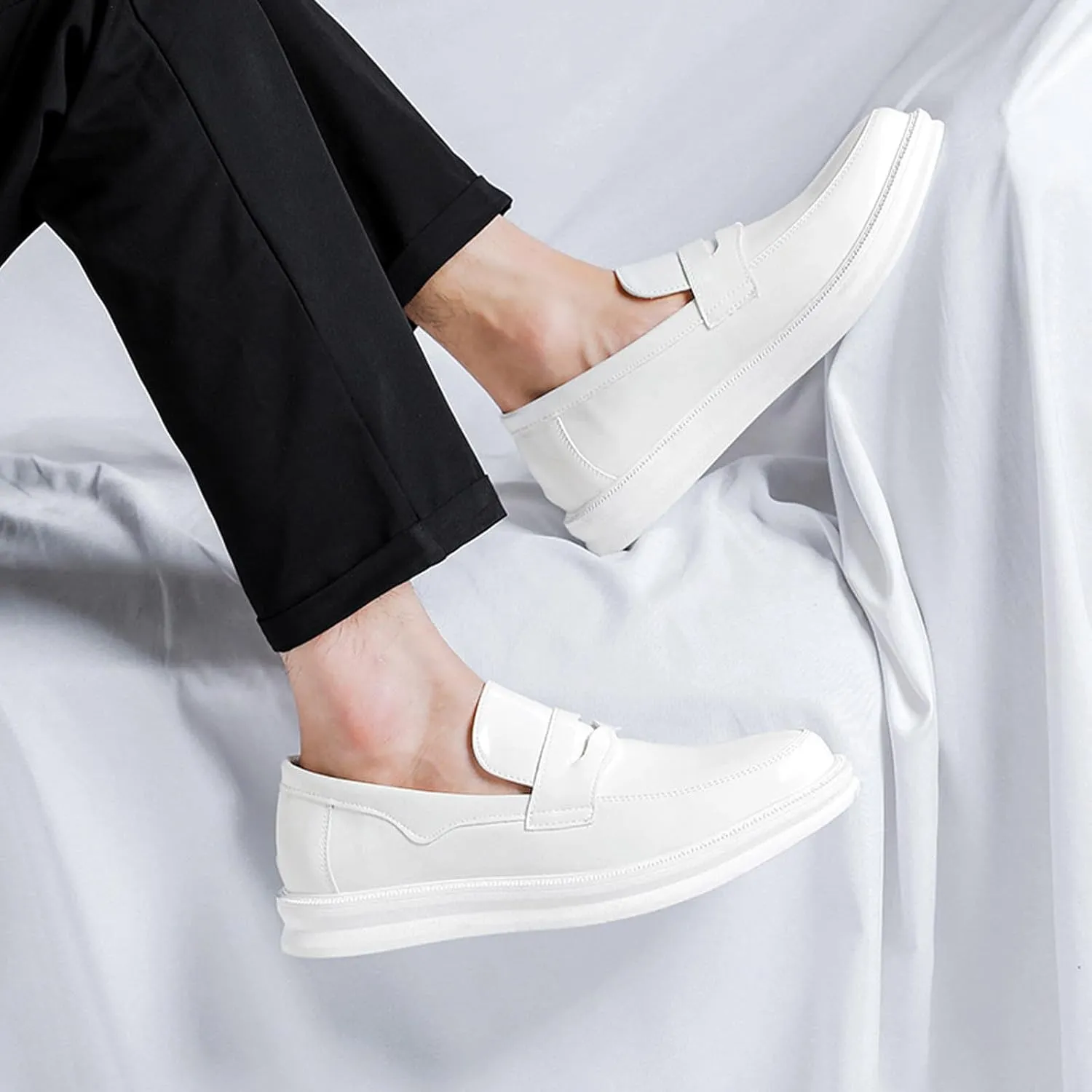 Men's Patent Leather Platform Slip-on Penny Loafers,Fashion Low Top Comfortable Soft Sole Non-Slip Business Formal Shoes Wedding Party Driving Shoes