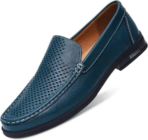 Mens Summer Genuine Leather Slip-on Loafers Casual Hollow Breathable Comfort Penny Loafers Shoes Soft Sole Flat Dress Driving for Men