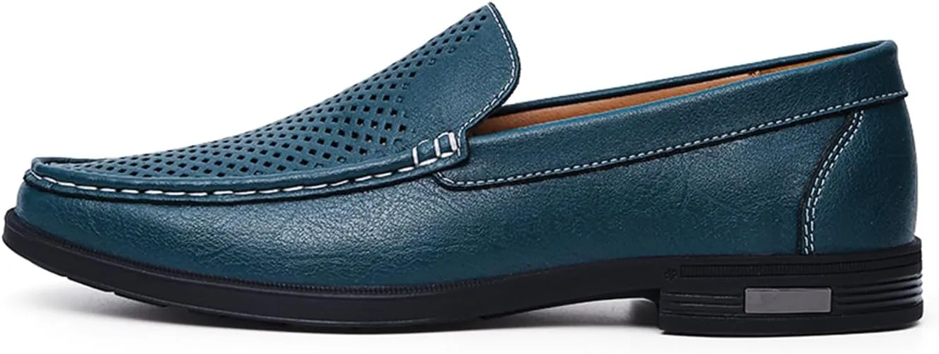 Mens Summer Genuine Leather Slip-on Loafers Casual Hollow Breathable Comfort Penny Loafers Shoes Soft Sole Flat Dress Driving for Men