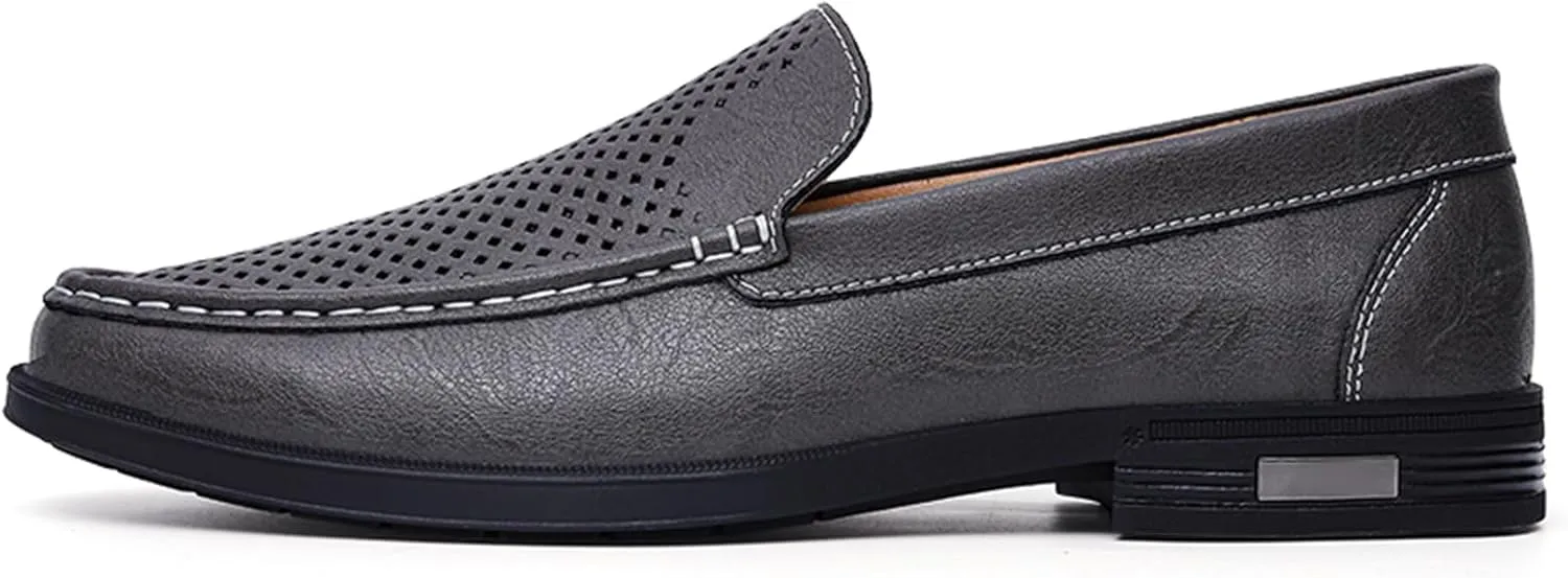Mens Summer Genuine Leather Slip-on Loafers Casual Hollow Breathable Comfort Penny Loafers Shoes Soft Sole Flat Dress Driving for Men