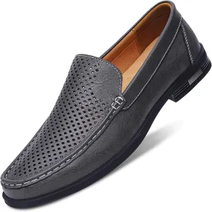 Mens Summer Genuine Leather Slip-on Loafers Casual Hollow Breathable Comfort Penny Loafers Shoes Soft Sole Flat Dress Driving for Men
