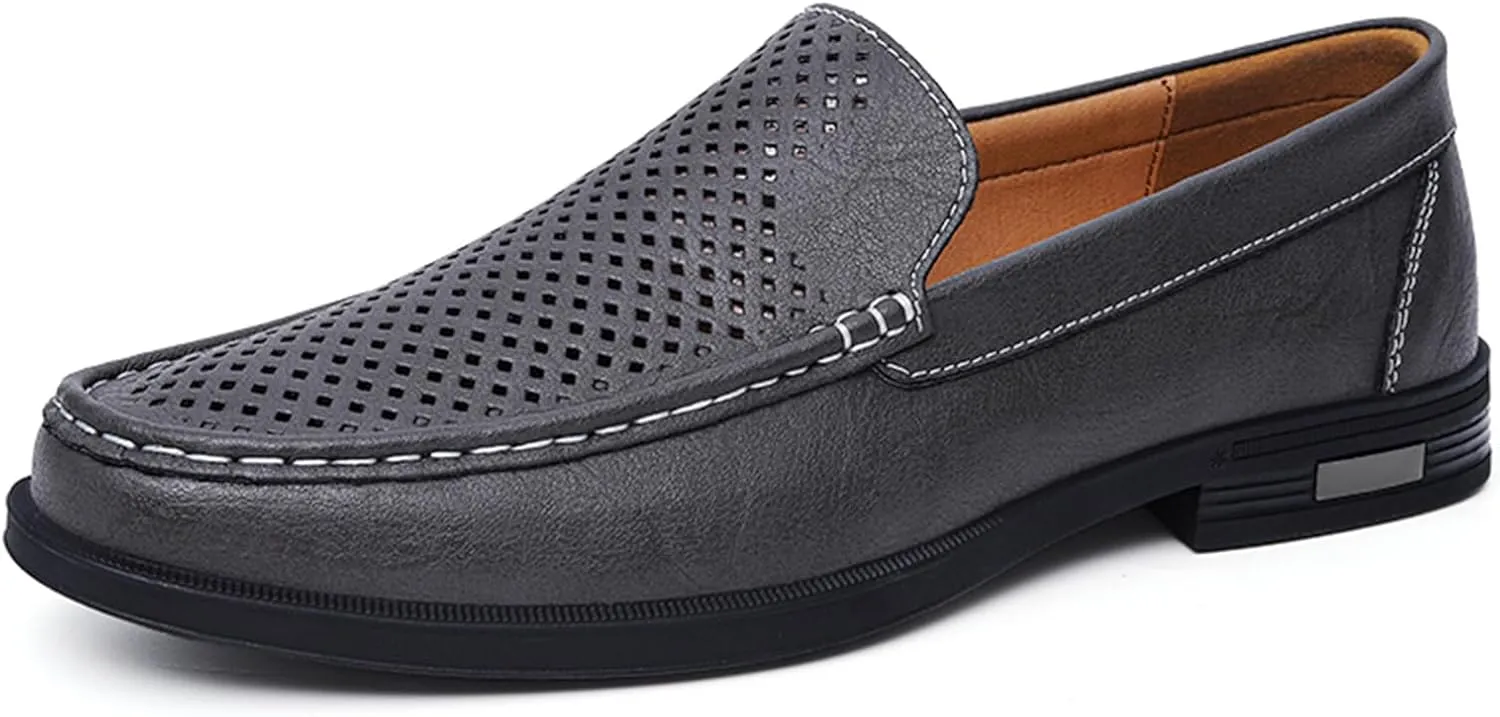 Mens Summer Genuine Leather Slip-on Loafers Casual Hollow Breathable Comfort Penny Loafers Shoes Soft Sole Flat Dress Driving for Men