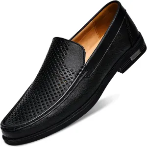 Mens Summer Genuine Leather Slip-on Loafers Casual Hollow Breathable Comfort Penny Loafers Shoes Soft Sole Flat Dress Driving for Men