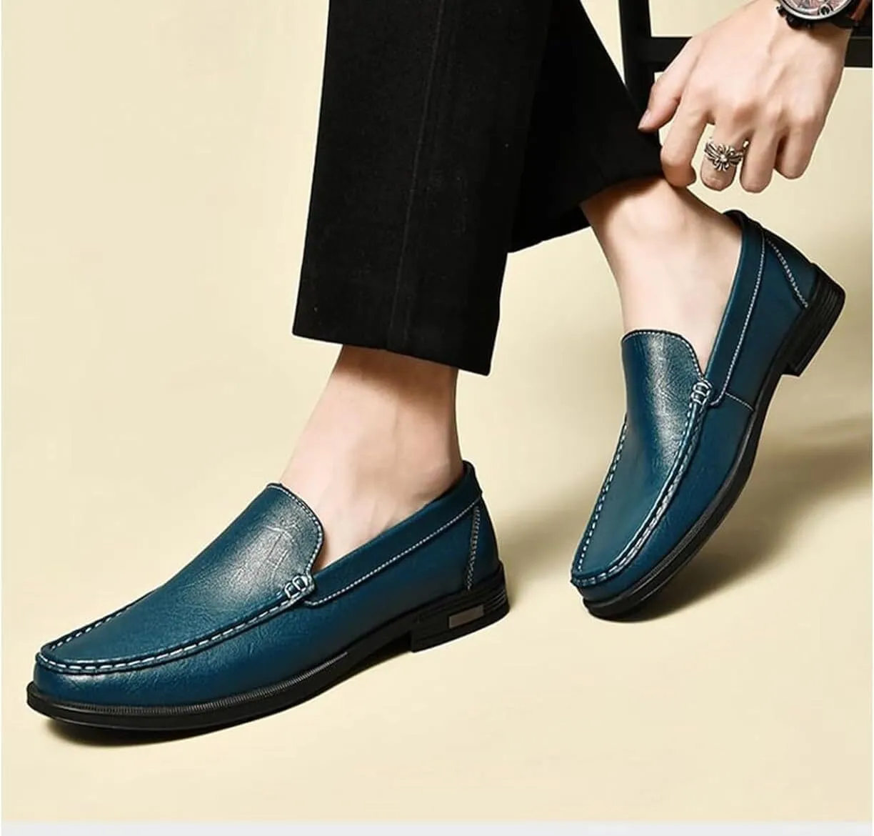Mens Summer Genuine Leather Slip-on Loafers Casual Hollow Breathable Comfort Penny Loafers Shoes Soft Sole Flat Dress Driving for Men