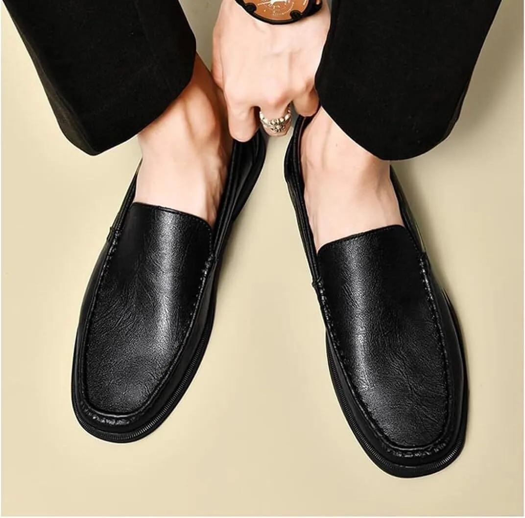 Mens Summer Genuine Leather Slip-on Loafers Casual Hollow Breathable Comfort Penny Loafers Shoes Soft Sole Flat Dress Driving for Men