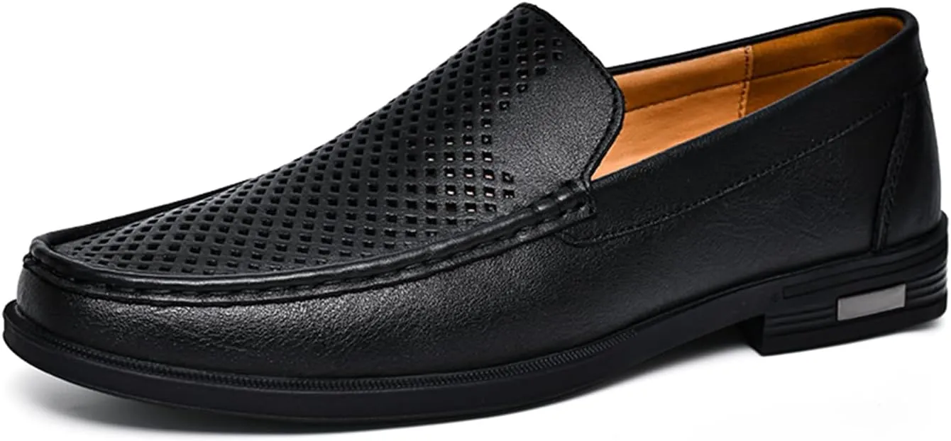Mens Summer Genuine Leather Slip-on Loafers Casual Hollow Breathable Comfort Penny Loafers Shoes Soft Sole Flat Dress Driving for Men