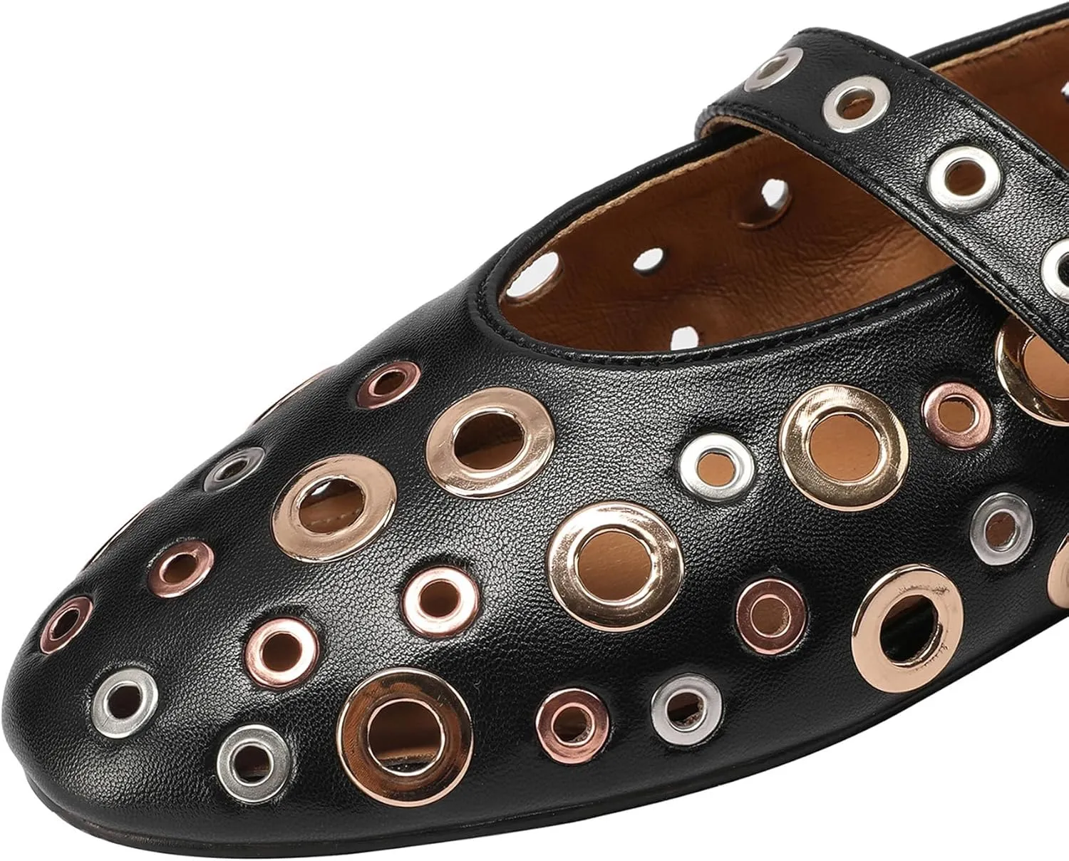 Mesh Mary Jane Flats for Women Perforated Ballet Flats Metal Buckle Strap Ballerina Casual Studded Flat Shoes