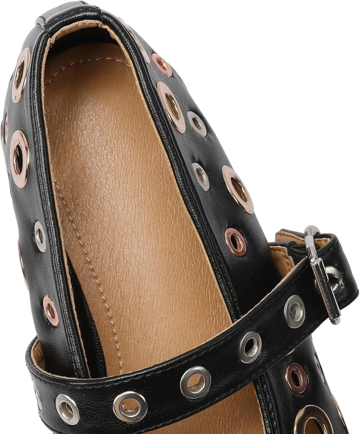 Mesh Mary Jane Flats for Women Perforated Ballet Flats Metal Buckle Strap Ballerina Casual Studded Flat Shoes