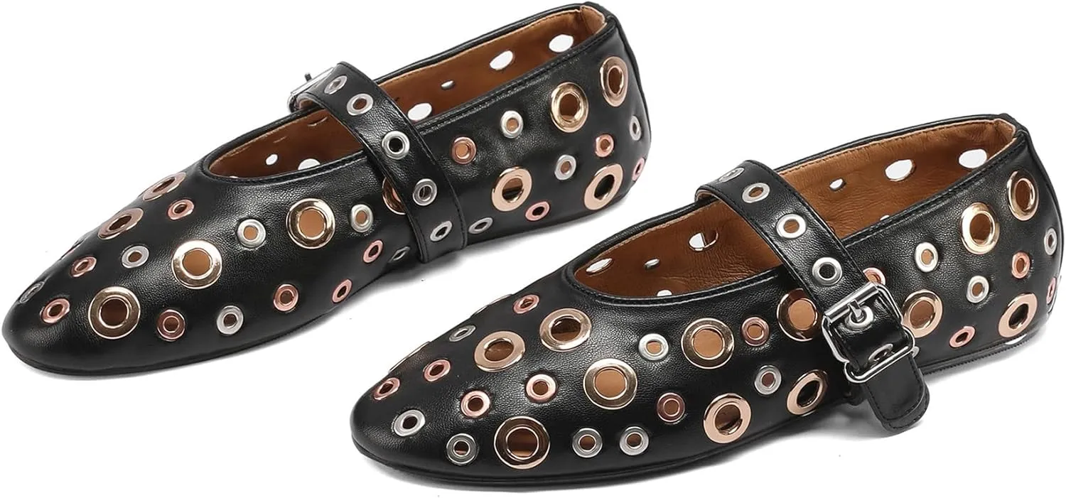 Mesh Mary Jane Flats for Women Perforated Ballet Flats Metal Buckle Strap Ballerina Casual Studded Flat Shoes
