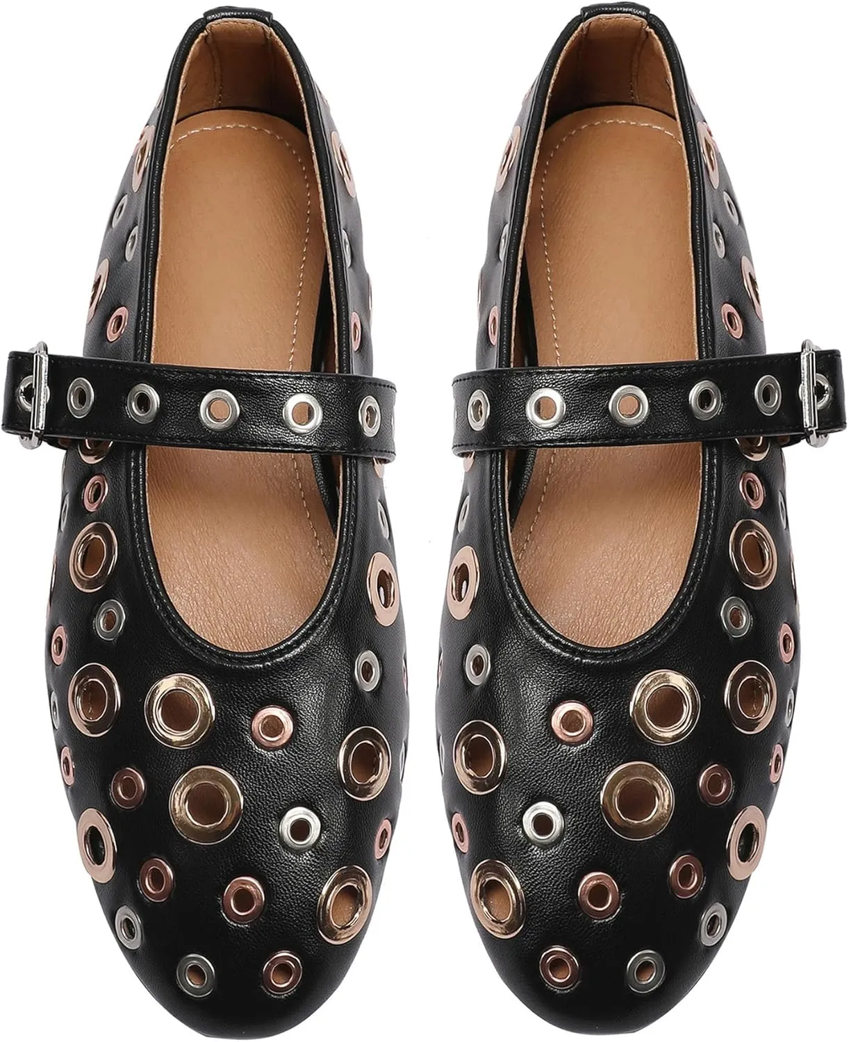 Mesh Mary Jane Flats for Women Perforated Ballet Flats Metal Buckle Strap Ballerina Casual Studded Flat Shoes