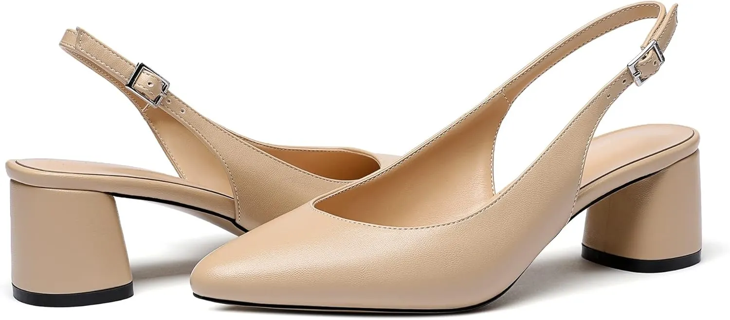 Mettesally Women's Block Slingback Heels Pumps Ankle Strap Round Closed Toe Chunky Heels Wedding Office Dress Shoes