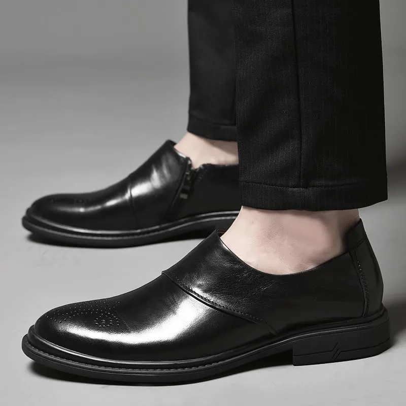 Oxford Formal Shoes for Men Slip On Round Burnished Toe Brogue Shoes Rubber Sole Low Top Slip Resistant Working